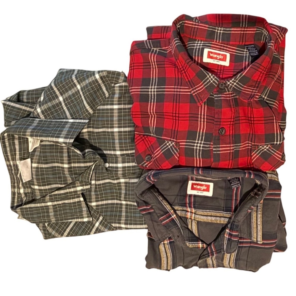Wrangler & Western Frontier 3-Pc Plaid Flannel Shirt Bundle 2XL Gently Used